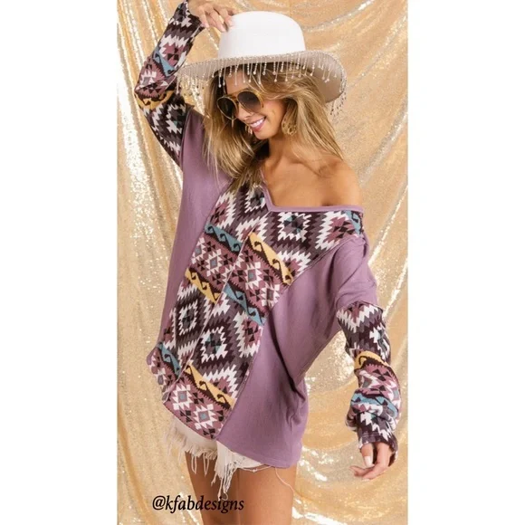 LAST 1! V Neck Mauve/Lilac Mix Aztec Print Soft Color Block Top - Picture 7 of 11